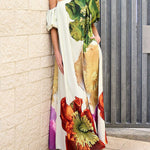 A-Line Loose Elasticity Flower Print One-Shoulder Maxi Dresses