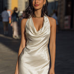 Luxurious Satin Cowl Neck Halter Mini Dress