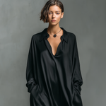 Women's Fashionable Casual Black Glossy Satin Long-sleeved Loose-fitting Maxi Dress With Pockets