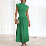Stand Collar Solid Color Hollow Waist Long Dress