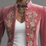 Western-style Stand-up Collar Single-breasted Floral Embroidered Velvet Jacket