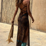 Gypsy Style Unique Print Cowl Neck Back Lace-up Slit Midi Dress