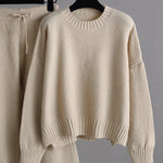 Urban Loose Long Sleeves Solid Color Round-Neck High-Low Sweater Tops & Wide Leg Pants Suits