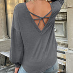 Nadorine Long Sleeve Backless Hollow Knit Sweater for Women Casual Work Office Loose Fit 2026 | Under