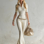 Elegant And Sporty Leopard Print Trim Off-white Knitted T-shirt And Flared Pants Set