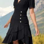 Elegant Solid Buttons Flounce V Neck Irregular Dress Dresses