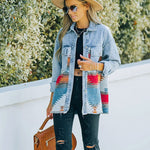 Nadorine Aztec Lapel Long Sleeve Retro Western Denim Jacket