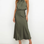 Long Formal Satin Dress Mock Neck High Neck Evening Dress
