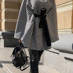 Batwing Sleeves Long Sleeves Houndstooth Tied Waist Stand Collar Cape Outerwear