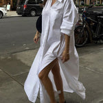 Long Sleeves Loose Buttoned Solid Color Split-Side Lapel Maxi Shirt Dress