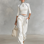 Women's Casual Half-high Collar Long-sleeved T-shirt Straight Pants Two-piece Set