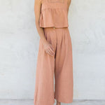 Square Neck Sleeveless Button Crop Tank Top and Elastic Wide Leg Pants Set