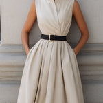 Sleeveless High-Neck Belted A-Line Midi Dress