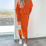 Elegant Two-piece Set Sexy V-neck Off-shoulder Sweatshirt & Sleeveless Knitted Dress Skirt
