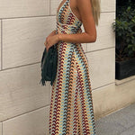 Margovil Halter V Neck Backless Color Block Crochet Maxi Dress