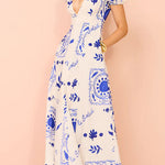 V Neck Puff Sleeves Resort Print A-line Maxi Dress