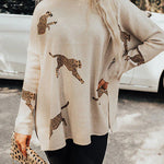 Margovil High Neck Side Slit Cheetah Pattern Sweater