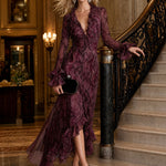 Elegant And Fashionable Burgundy Chiffon Snakeskin Pattern Ruffled Long-Sleeved Maxi Dress