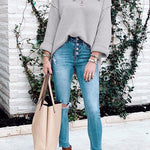 Margovil Buttons V Neck Side Split Waffle Knit Sweater