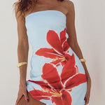 Margovil Strapless Tube Pocketed Lily Print Mini Dress