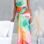One Shoulder Sleeveless Cut Out Waist Printed Maxi Dress