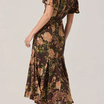 V Neck Puff Short Sleeves Floral Print Midi Dress