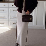 Cowl Neck Waisted Side Slit Midi Sweater Dress