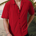 KZZ Men's short-sleeved versatile shirt with openwork jacquard pattern
