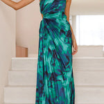 Margovil One Shoulder Drawstring Cut Out Printed Maxi Pleated Dress