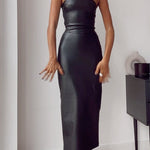 Strapless Tube Faux Leather Pencil Maxi Dress