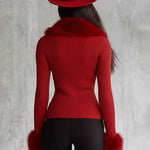 Lapel Zipper Faux Fur Collar Knitted Cardigan