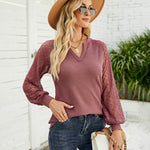 Nadorine V Neck Tops Solid Color Blouse Long Sleeve Pullover Lace Patchwork Shirt