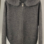Fur-collar zip-up cardigan