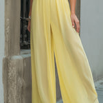 Soft Yellow Off-Shoulder Chiffon Wide-Leg Jumpsuit