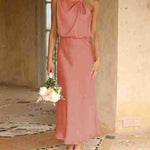 Long Formal Satin Dress Mock Neck High Neck Evening Dress