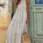 Nadorine Women's Casual Loose Long Beach Dresses Vintage Striped Print Patchwork Maxi Dress