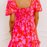 Red Floral Bubble Sleeve Sweetheart Neck Ruffled Mini Dress
