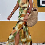 Contrast Tie-Dye Crew Neck Sleeveless Slit Hem Dress