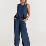 Nadorine 2 Piece Outfits Sleeveless Ruffle Tank Crop Top and Wide Leg Pants Lounge Set with Pockets