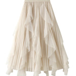 High-waisted ruffled patchwork mesh skirt