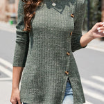 Street Solid Buttons O Neck Tops