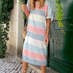 Multicolor Striped Color Block Loose Fit Half Sleeve Maxi Dress