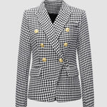 Houndstooth Double Breasted Button Down Notch Collar Blazer Jacket with Pockets