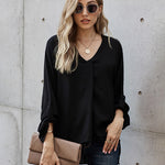 Nadorine V-Neck Long Sleeve Buckle T-Shirt Plain Shirts Shirt Top Elegant Shirts Casual Slim Fit Basic