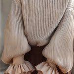 Cream Knit Turtleneck Sweater With Ruffled Cuffs