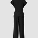Women's 2 Piece Outfits V Neck Twist Front Slit Top and High Waisted Straight Leg Pants Set Commute Business Casual Suit