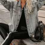 Loose Rivet Beading Ripped Cropped Denim Jacket