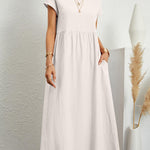 Loose Short Sleeves Pleated Solid Color Round-Neck Midi Dresses