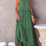 Nadorine Women's Boho Long Solid Color Loose Sleeveless Halter Neck Ruffle Maxi Dresses