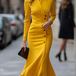 Bodycon High-Low Buttoned Solid Color Lapel Midi Dresses